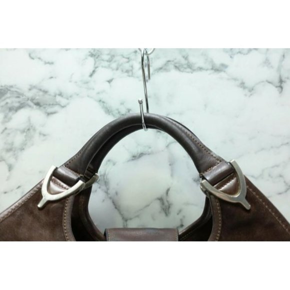 Gucci Brown Top Handle Shoulder Bag Suede Leather Gold GG - Picture 6 of 12